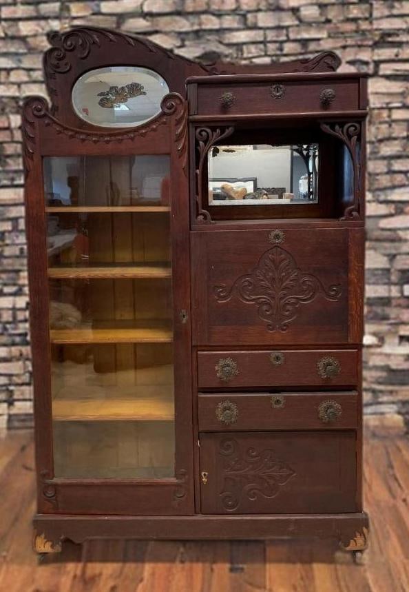 Antique Oak Ornate Side by Side Secretary and Bookcase: No in-house shipping available, 3rd party shipper required. Carved adornments and doors, missing 2 by feet, side base missing part, 4 adjustable shelves with spare wood brackets, some screws loose on 