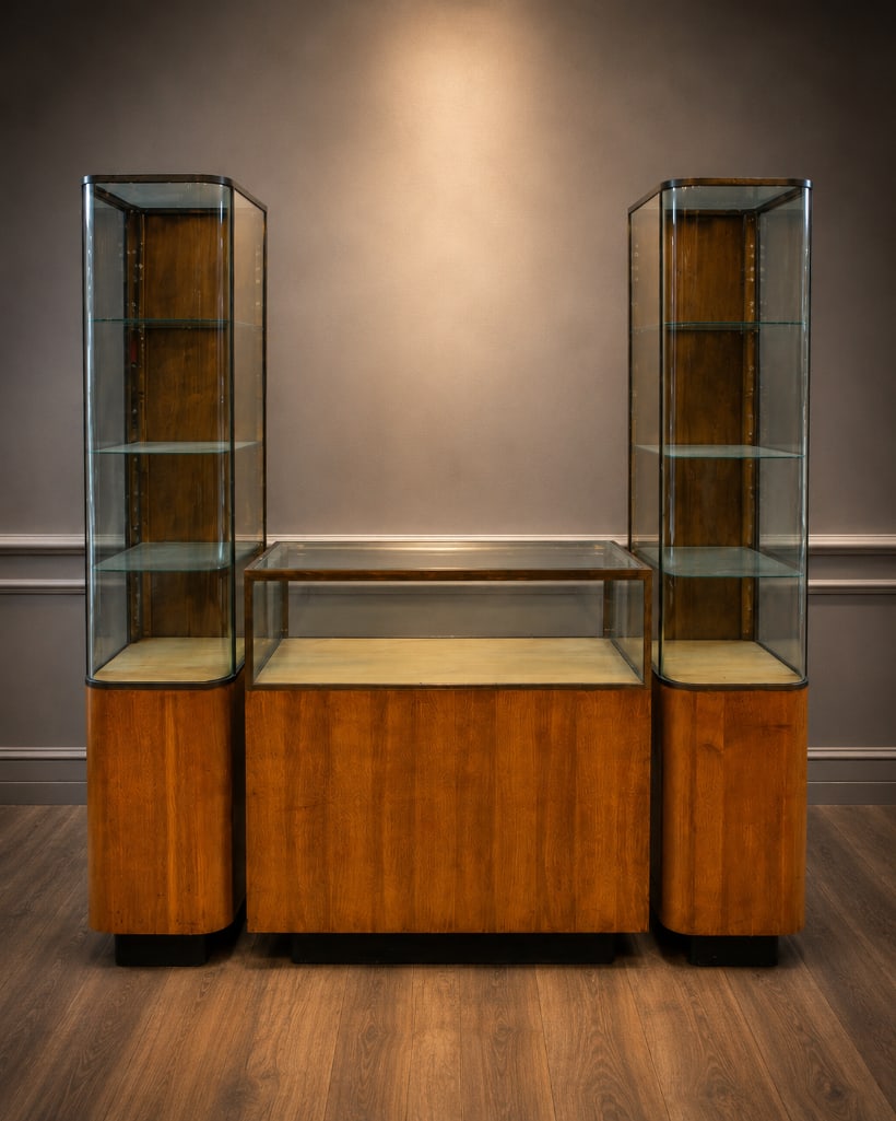 Mid Century Modern Three Piece Parker Pens Retail Glass Display Showcase: A stylish vintage Mid-Century Modern three-piece retail display showcase featuring a center glass display counter flanked by two matching curved-glass tower cabinets. Finished in warm wood veneer with