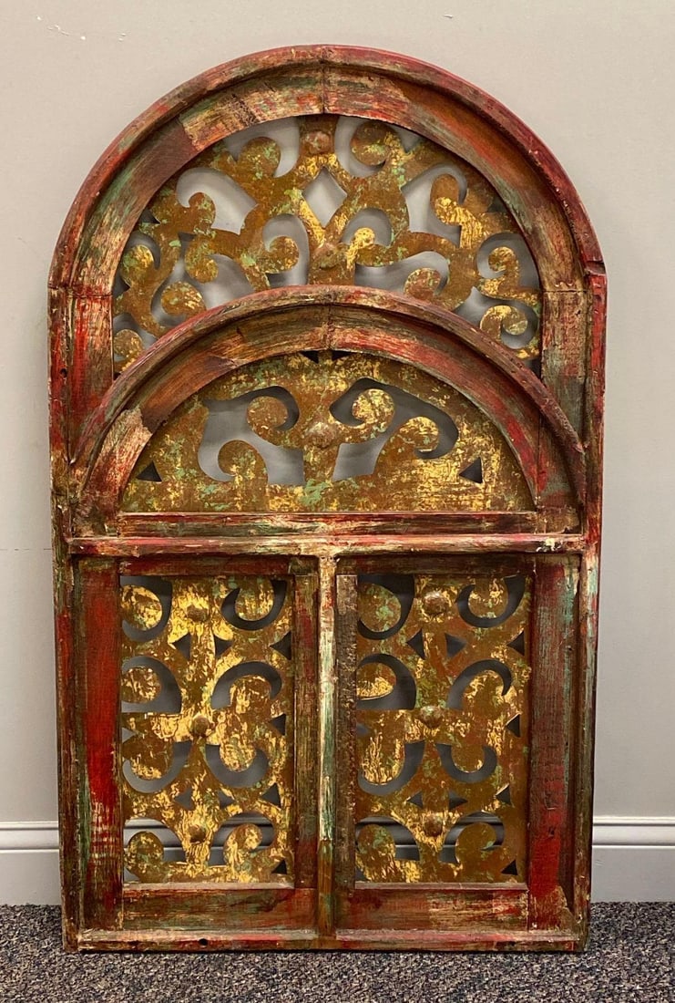 Vintage Wood and Tin Art Nouveau Painted Archway Wall Art: Some paint loss and chipping, Some splintering along bottom half, Measures 48 x 28 1/2 x 2 inches.