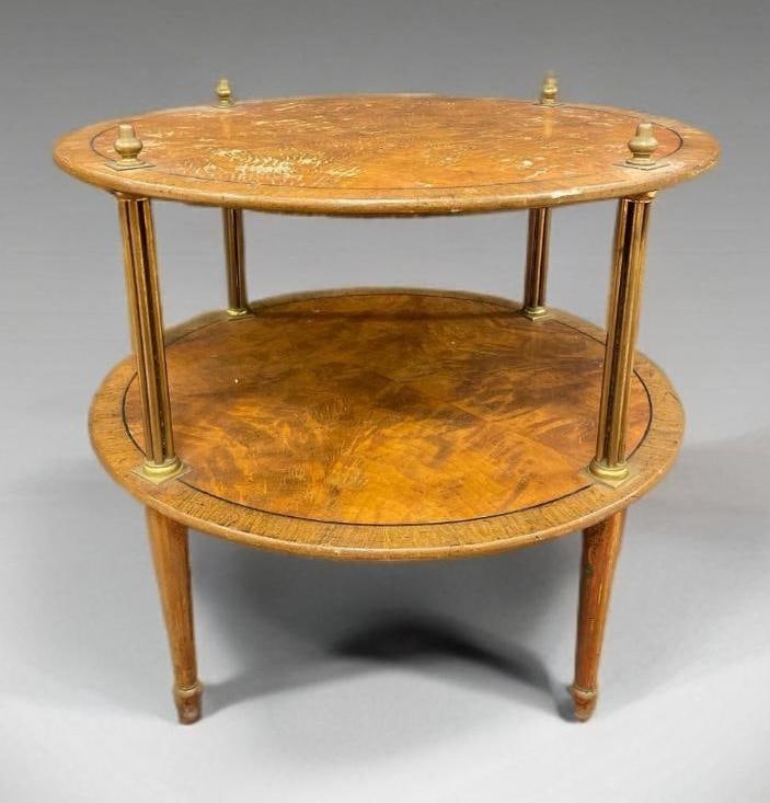 Mid-Century Modern Sahon Two-Tier Brass & Wood Side Table: No in-house shipping available. 3rd party shipper recommended. Needs refinished, sahon plaque on bottom. Measures 26 x 28 inches