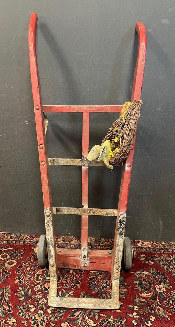 Antique Wood Hand Truck: No in-house shipping available, 3rd party shipper recommended. Dolly measures H 44 inches x W 20 inches x D 16 inches