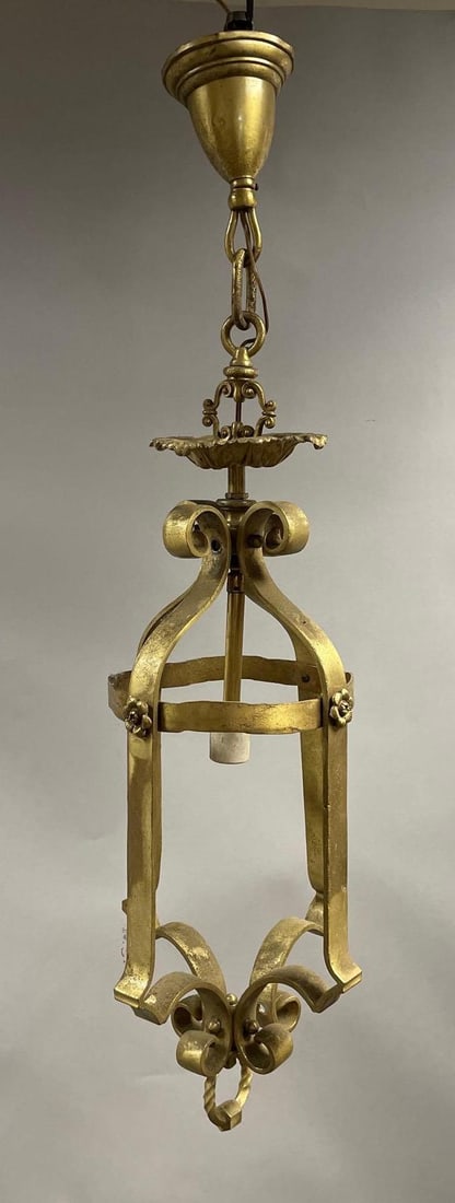 Antique Solid Brass Outdoor Hanging Light Fixture: 3rd party shipper or pickup recommended. Missing 3 bolts/nuts, measures 40 inches x 11 inches x 11 inches