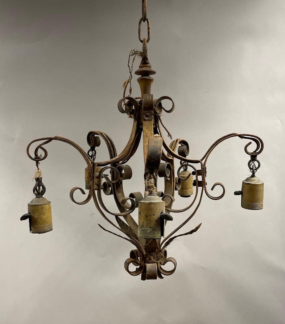 Antique 5 Arm Chandelier with Floral Motif: Missing leaf and flower on arm base, same arm sits loose, measures 32 inches x 20 inches