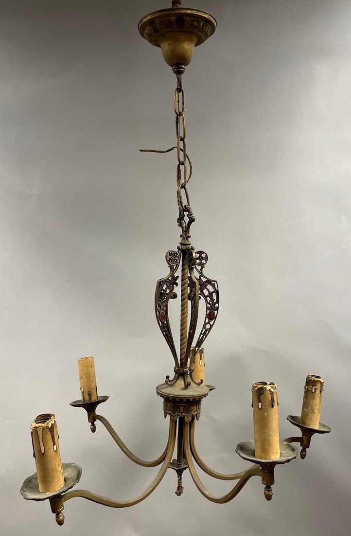 Art Nouveau Brass 5 Arm Candelabra Chandelier: original Paint highlights, measures 34 inches x 21 1/2 inches