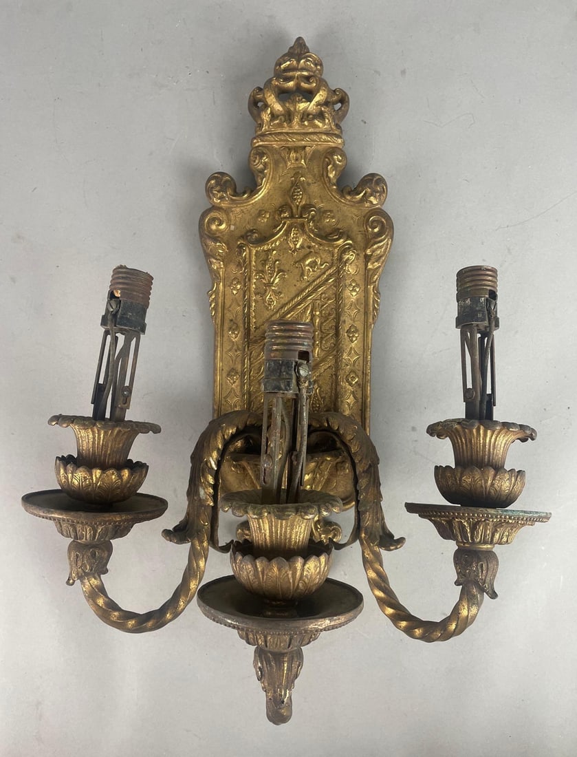 Antique Gilt Bronze Ornate 3 Arm Candelabra Wall Sconce (1 of 4)