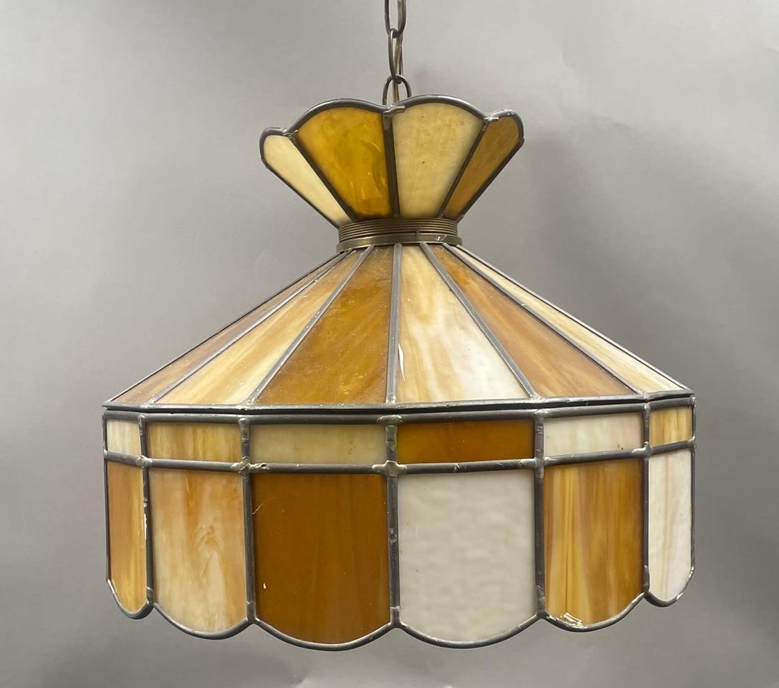 Vintage 2 Tone Slag Glass Hanging Light Fixture: 36 inches chain, shade measures 12 inches x 16 inches