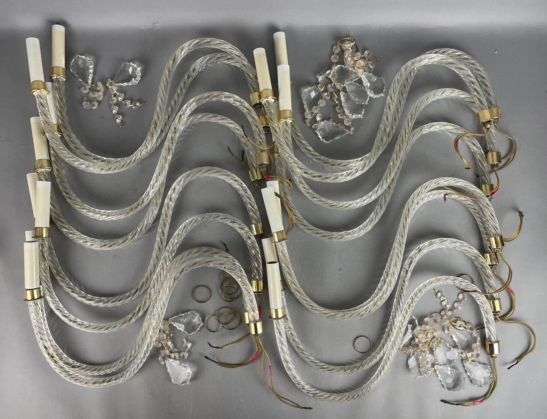 Group of 16 Antique Glass Chandelier Arms: Includes crystals, each arm measures 16 inches x 10 inches