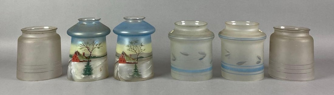 Group of 6 Antique Frosted Glass Lamp Shades: features and painted pictorial barn scene, blue lines and etched lines, one shown with large chip, largest measures 5 1/2 inches H x 3 1/2 inches W with a 2 inches fitter