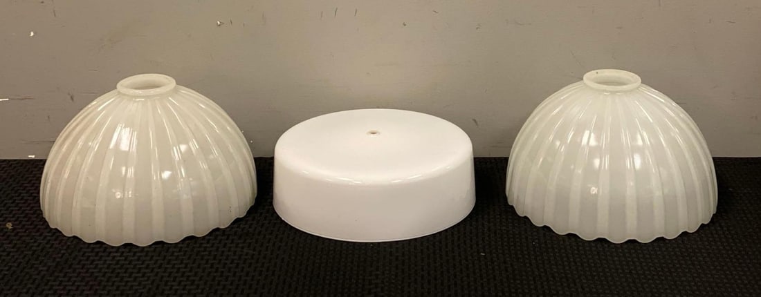 Group of 3 White Glass Ceiling Fixture Glass Lamp Shades: Largest measures 8 inches H x 12 inches W with a 3 inches fitter