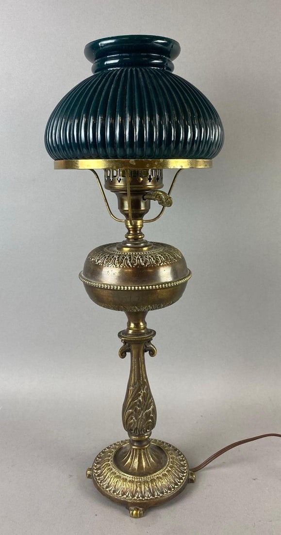 Antique 1930s Victorian-Style Brass Electric Lamp: Tested and working. Measures 18 inches tall.