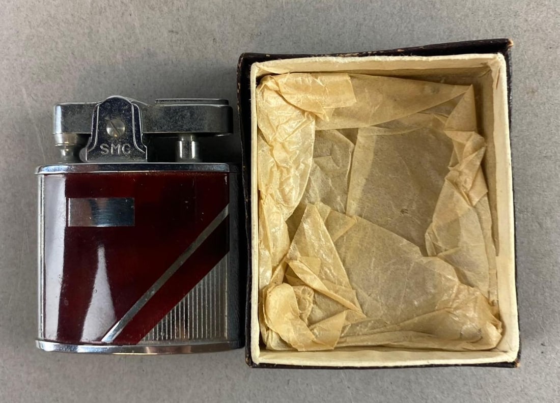 Vintage 1950s SMC Automatic Petrol Lighter: Like new in original packaging. Measures 2 inches in length.