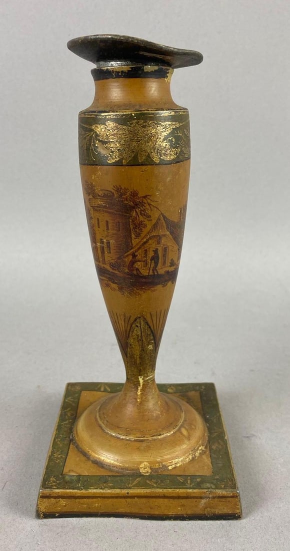 Antique 1880s Farmhouse Scene Tole Candlestick Holder: Measure 7 inches tall. Has Scuffs Throughout.