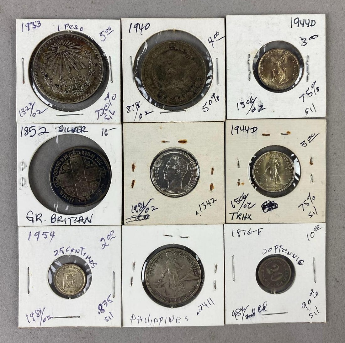 Group of 9 Antique Foreign Silver Coins: Includes 1933 Mexico Silver Peso, 1876 German 20 pfennig, and more.