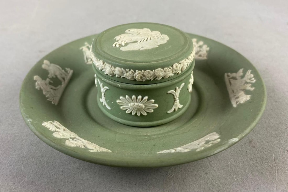 Vintage 1960s Wedgwood Sage Green Jasperware Trinket Box: Includes Saucer. Largest measures 4 inches in diameter