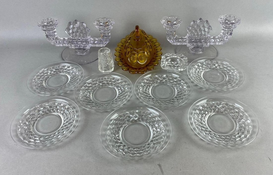 Group of Assorted Fostoria American Clear Cubist Design Glass Tableware and More: Includes Candelabras, Butter Dish, and more. Largest measures 8 inches in length.
