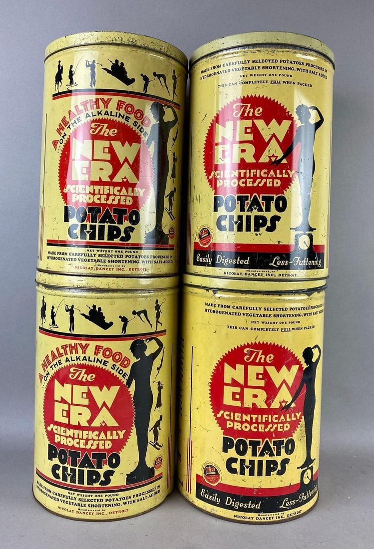 Group of 4 Vintage 1950s The New Era Scientifically Processed Potato Chips Empty Tin Cans: Scratches throughout. One measures H 11 1/2 x W 7 1/2 inches.