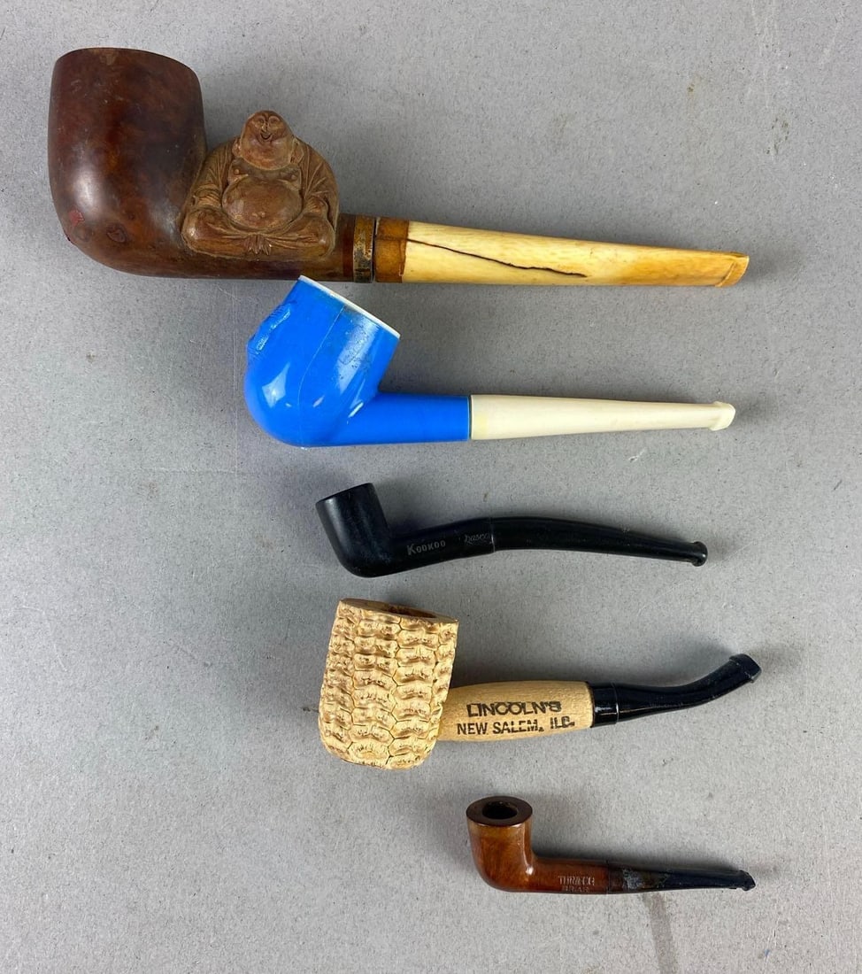 Group of 5 Vintage Smoking Tobacco Pipes: Largest measures 6 inches in length.