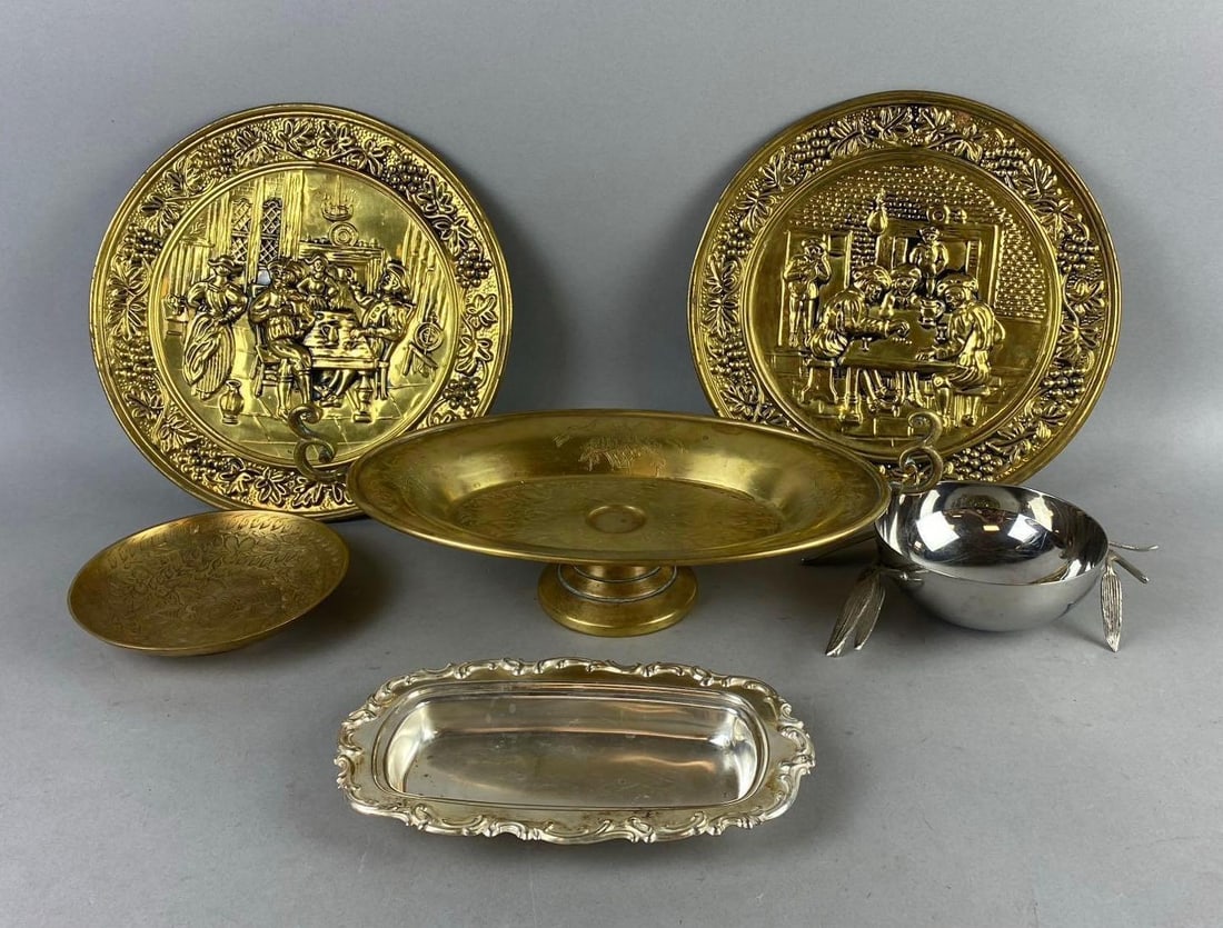 Group of Assorted India Made Brass Decor and More: Includes English made plates, butter tray, and more. Largest measures 10 inches in diameter.