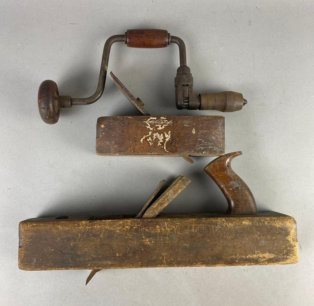 Group of 3 Antique Wood Planes and More: Includes hand drill. Largest measures 16 inches in length.