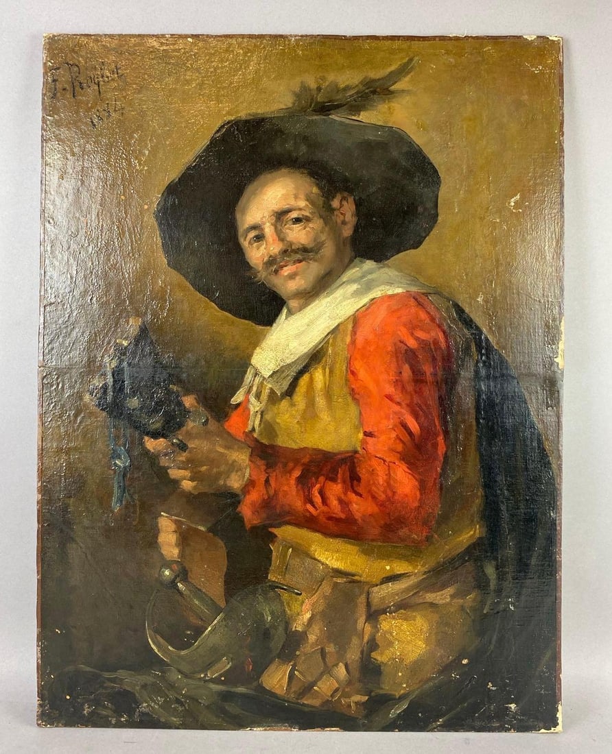 Antique 1884 French F. Roybet Musketeer Playing The Lute Painting: On wood backing. Measures L 25 x W 19 inches