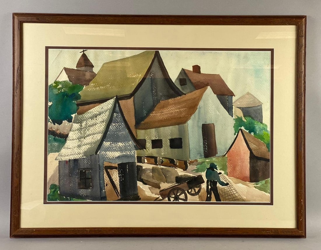 Vintage Framed Watercolor Villager Scene Painting: Unknown Artist. Measures L 28 1/2 x W 22 1/2 inches.