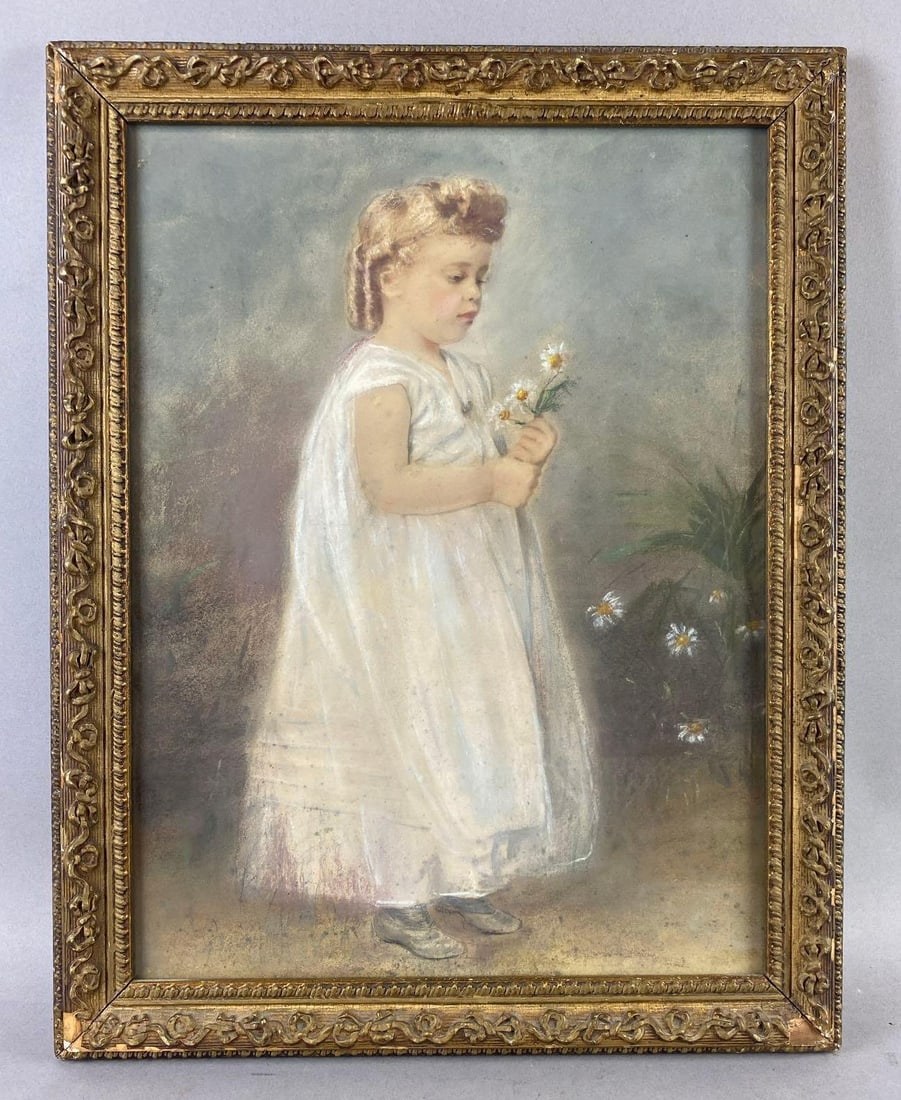 Antique 1880s Young Girl Holding Daisies Oil Painting: Unknown artist. Measures L 19 x W 15 inches.