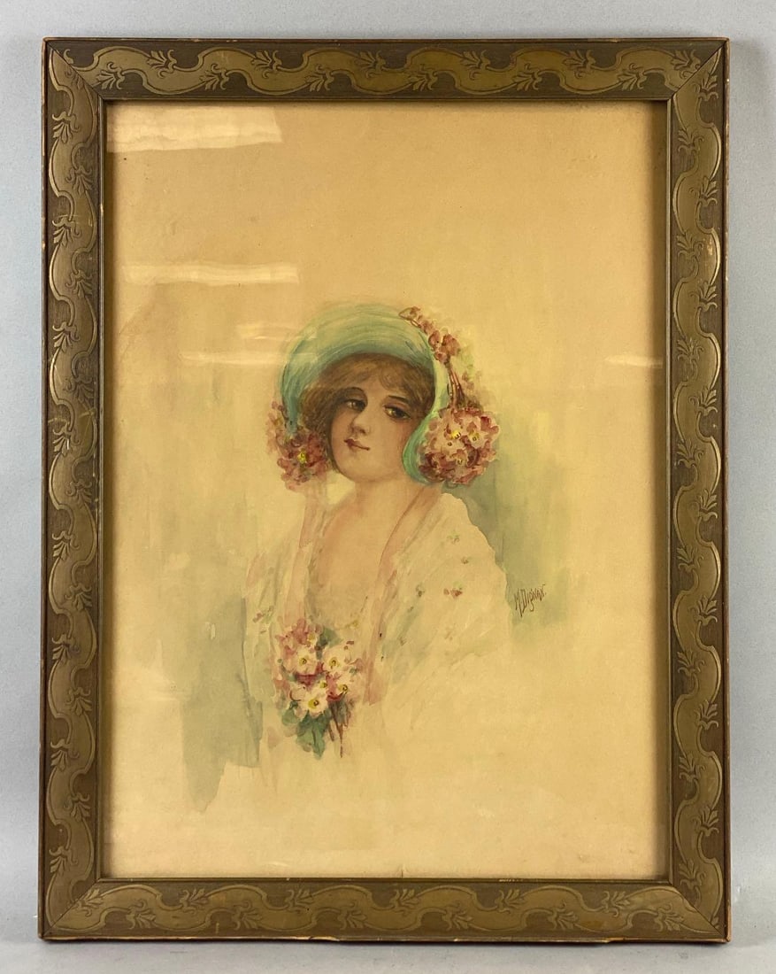 Antique 1880s Framed Watercolor Victorian Women Portrait: Measure L 21 1/2 x W 16 1/2 inches.