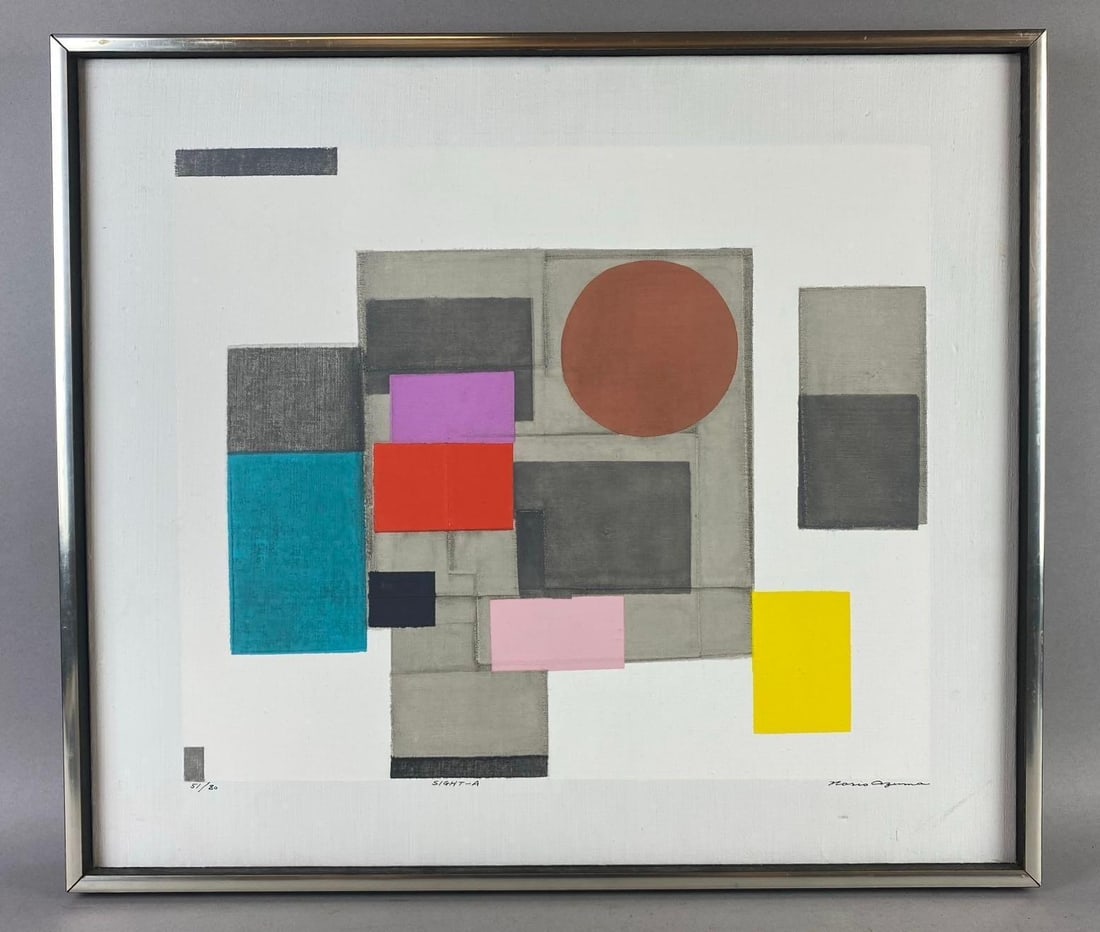 Vintage 1972 Sight-A Oil on Canvas Serigraph: By Artist Norio Azuma. Has some scuffs on canvas. Measures L 23 x W 19 inches.