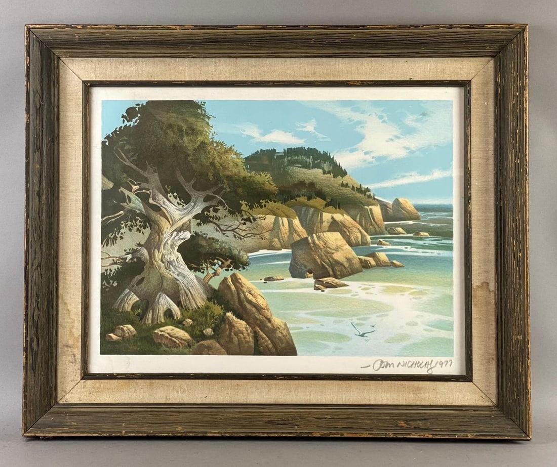 Vintage 1977 Framed Monterey Beach Signed Color Lithograph: Signed by Tom Nicholas. Measures L 25 x W 20 1/2 inches.