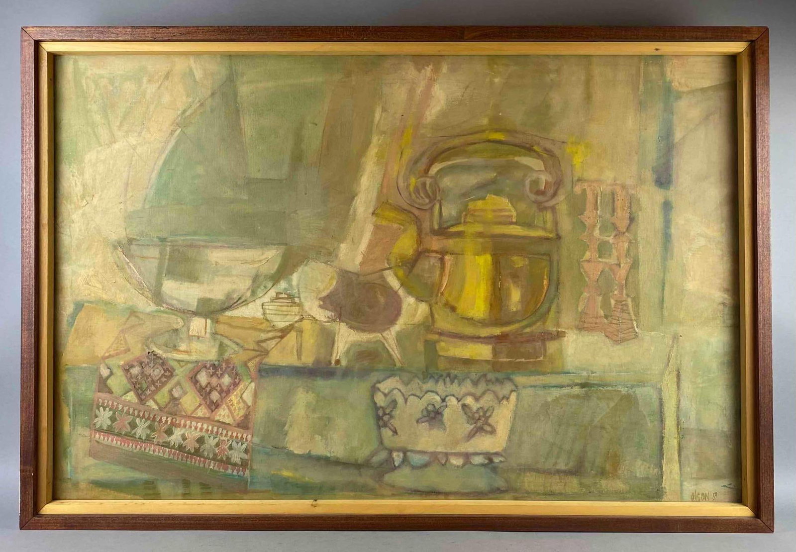 Vintage 1959 Framed MCM Abstract Still Life Oil Painting: singed by Artist Olson. Has small puncture in canvas. Measures L 41 1/2 x W 28 inches.