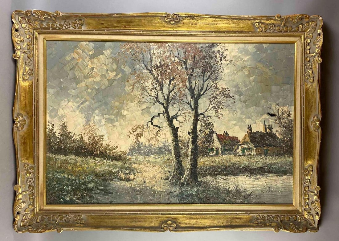 Vintage Framed Landscape In Donck Oil Painting: Has 2 puncture holes in canvas. Signed by artist J. Donck. Measures L 43 x W 31 inches.