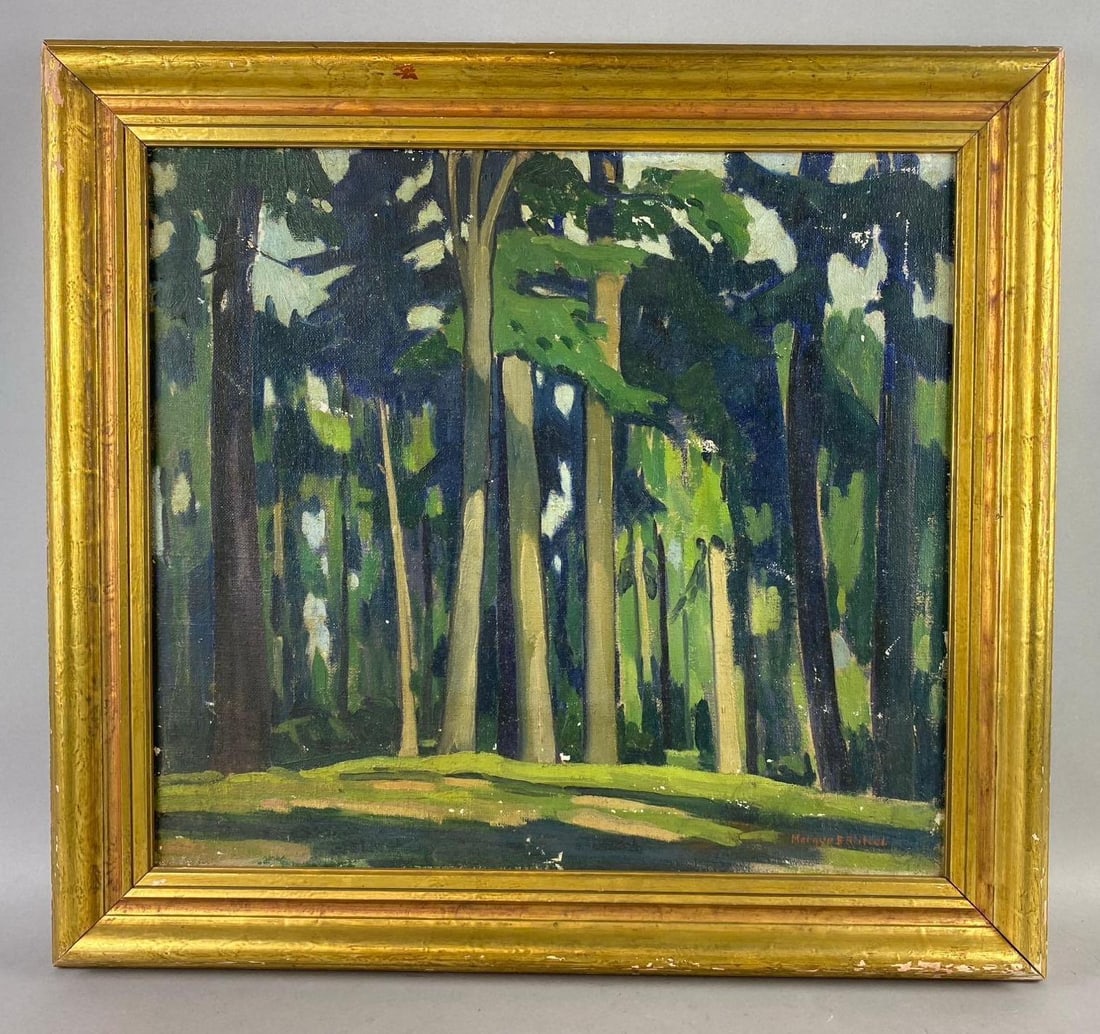 Vintage Framed Forest Glade Oil on Canvas Painting: Singed Marques E. Reitzel. Measure L 25 x W 23 inches.