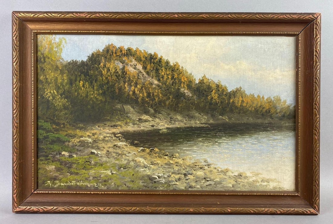 Antique 1924 Framed Riverbank Landscape Oil On Canvas Painting: Signed by artist. Measures L 20 3/4 x W 13 3/4 inches.