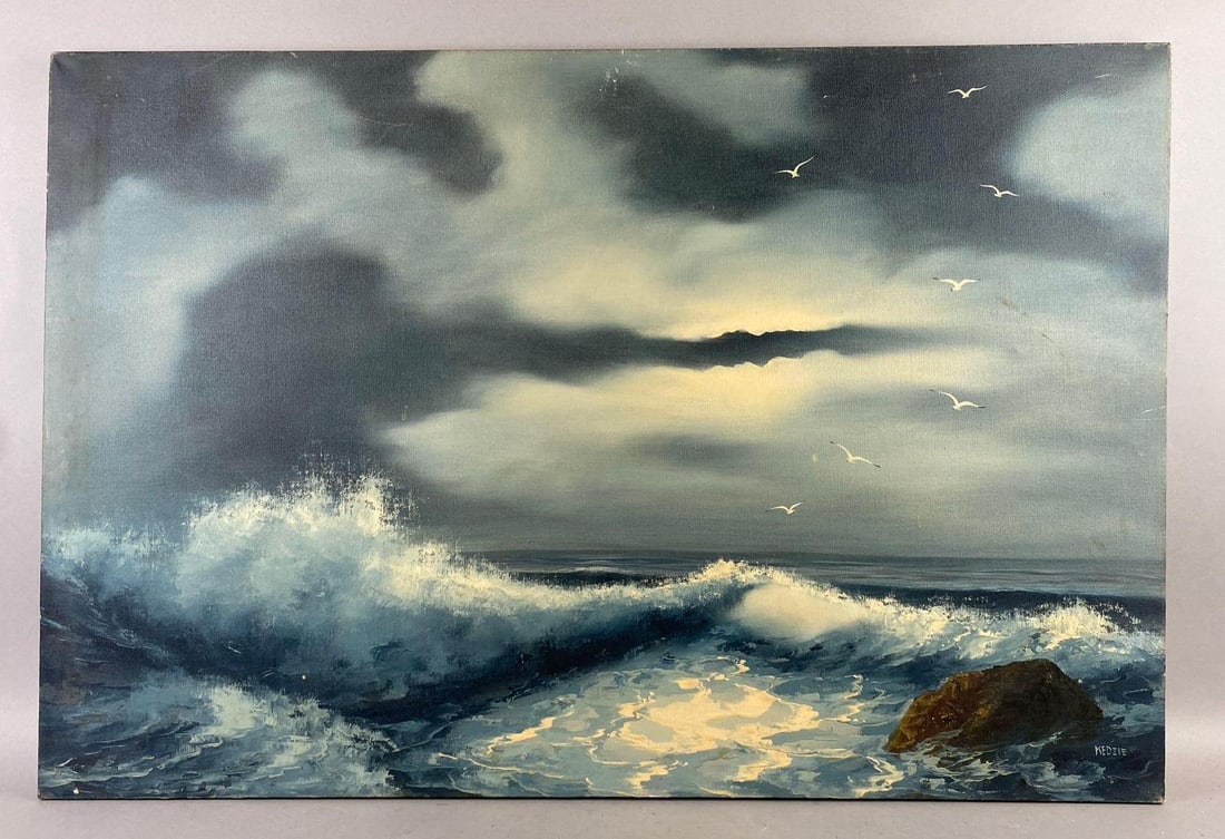 Vintage Coastal Marine Seascape Oil On Canvas Painting: Signed by Artist Kedzie. L 36 x W 24 inches.