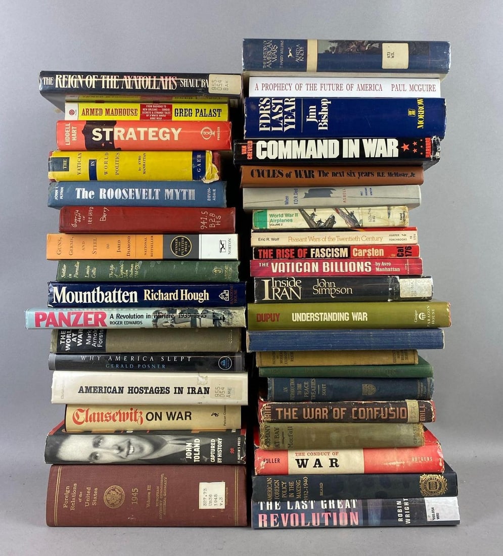 Group of Assorted Vintage WW2 Themed Books and More: Includes Iran Books, Fascism, and more. Largest book measures L 8 x W 5 inches.