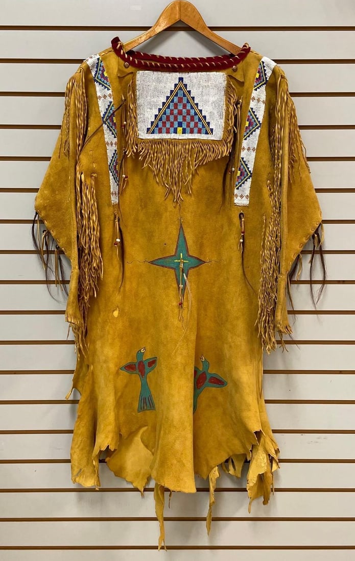 Plains Style Native American Beaded / Painted Buckskin War Shirt: Some holes, measures roughly 47 inches , 22 inches at shoulders