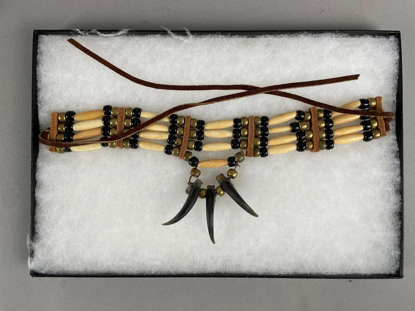 Native American Style Beaded Bear Claw Choler Necklace: Includes display case, necklace measures 33 1/2 inches x 4 inches
