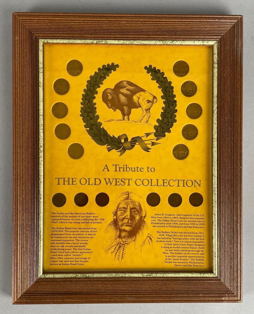 A Tribute to the Old West Coin Collection: Buffalo nickel and Indian head cent, frame measures 14 3/4 inches x 11 3/4 inches