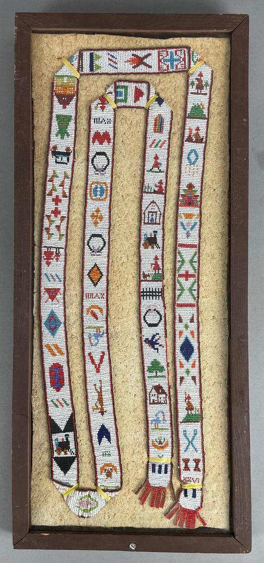 Native American Beaded Pictograph Sash: Display frame measures 25 inches x 11 inches x 1 1/2 inches