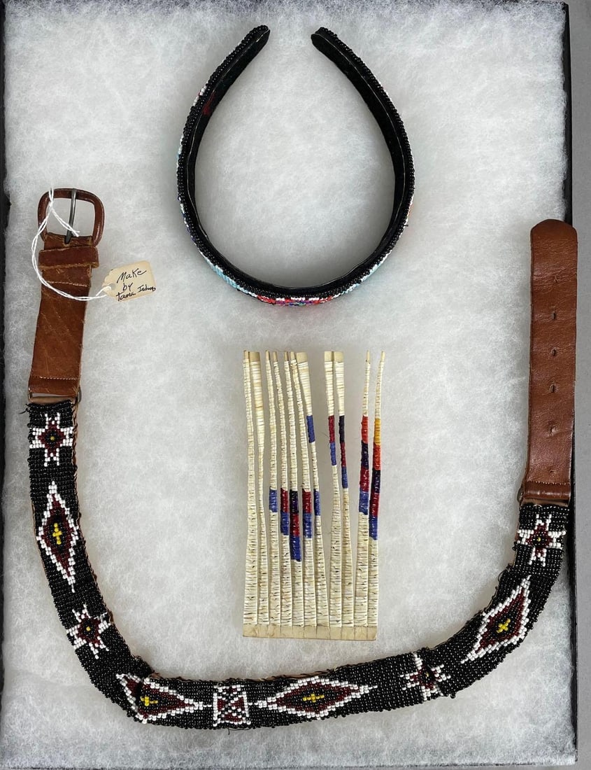 Group of Native American Beaded Accessories: Includes belt, headband, woven hair accessory , riker case measures 16 1/4 inches x 12 1/4 inches