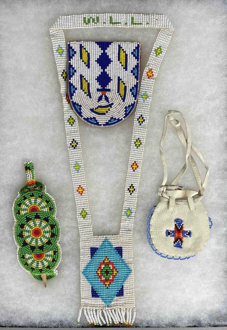 Group of Native American Beaded Items: Cracked riker case measures 16 1/4 inches x 12 1/4 inches