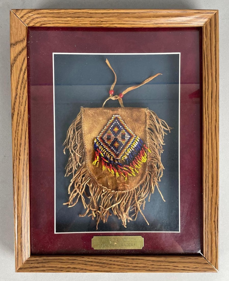 Native American Beaded Leather Pouch Display: Shadow box measures 14 inches x 11 inches x 1 3/4 inches
