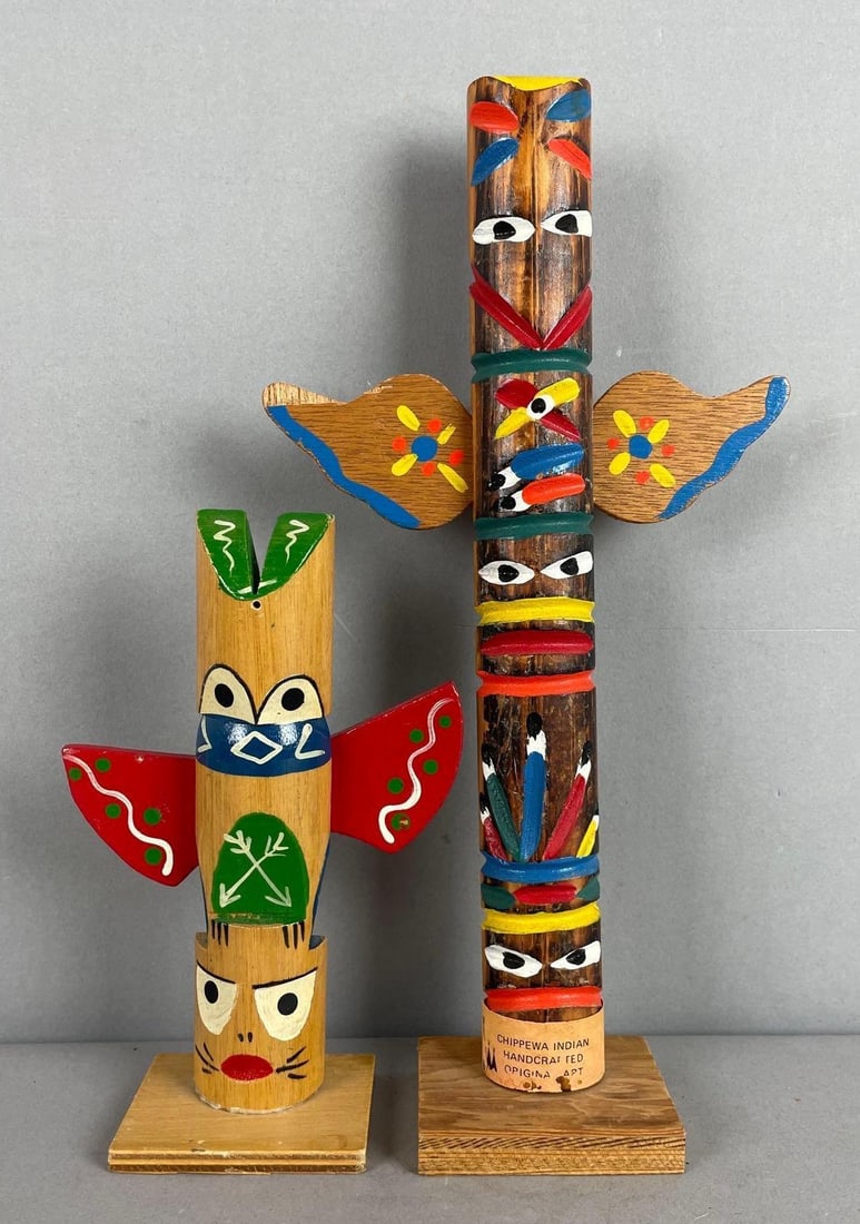 Group of 2 Native American Style Wood Souvenir Totem Poles: Tallest chipped, measures 12 1/2 inches x 6 1/2 inches x 2 1/4 inches