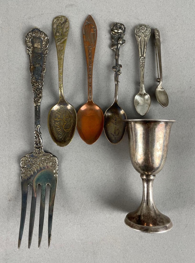Group of Vintage Sterling Silver and Plated Spoons: Includes copper Grand Canyon souvenir, pins, 950 cordial, 6 1/2 inches fork