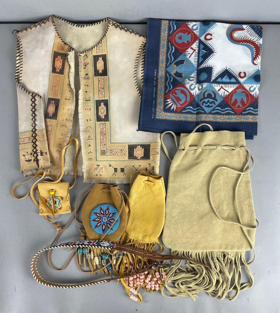 Group of Native American Leather Pouches and More: Includes belt, beadwork, childrens vest measures 16 inches x 13 1/2 inches
