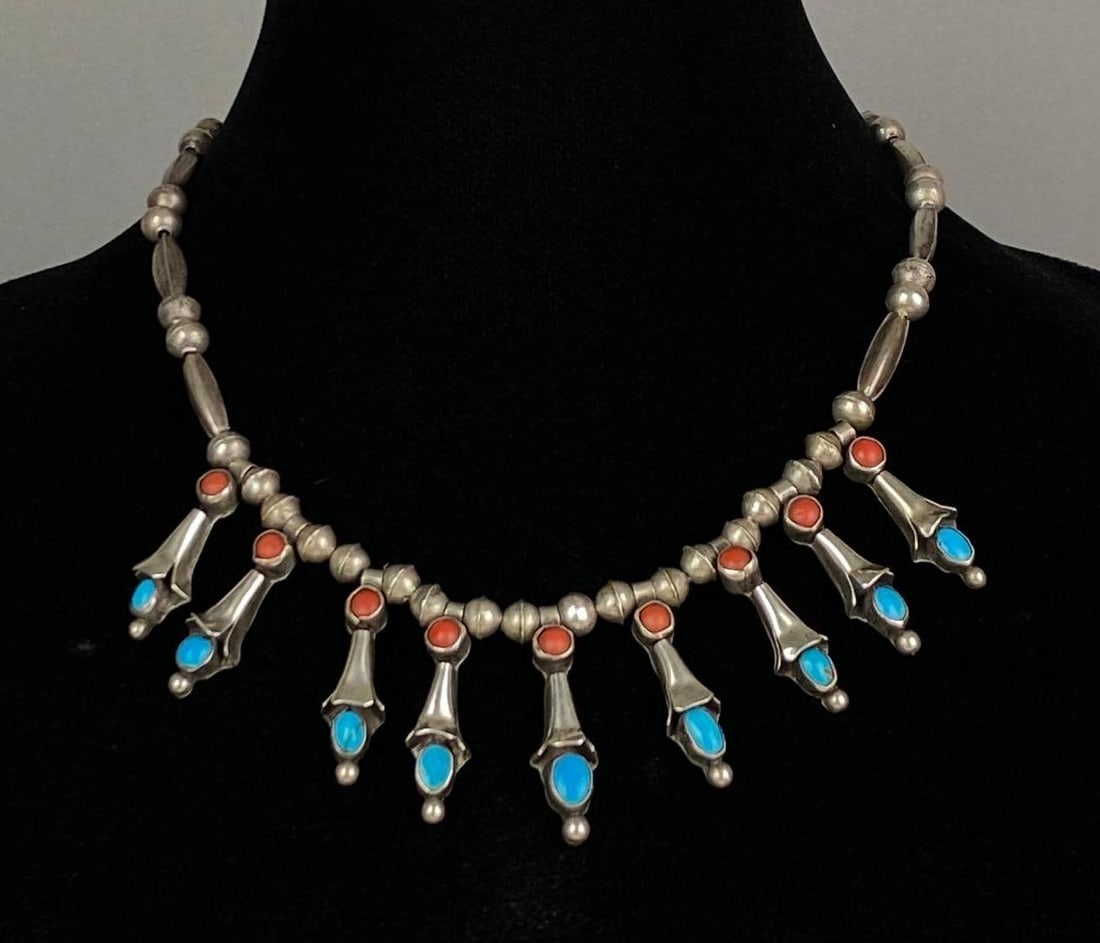Sterling Silver Native American Turquoise Coral Squash Blossom Necklace: Measures 17 1/2 inches in length