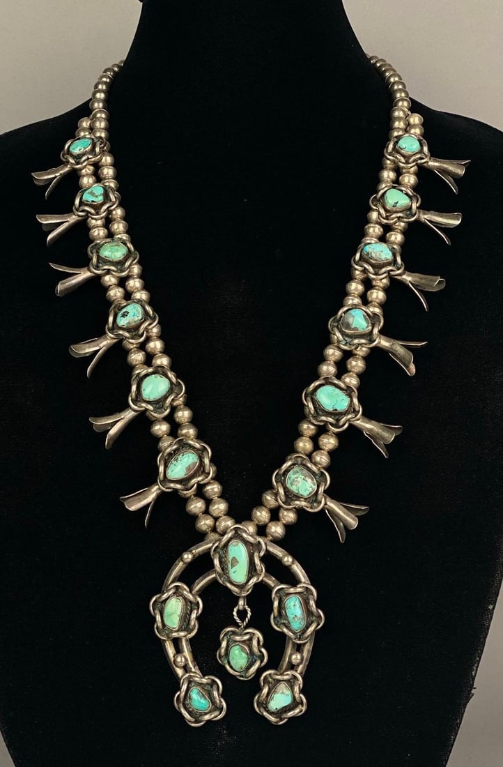 Sterling Silver Native American Turquoise Squash Blossom Necklace: Total weight of 194.3 grams, measures 27 inches in length