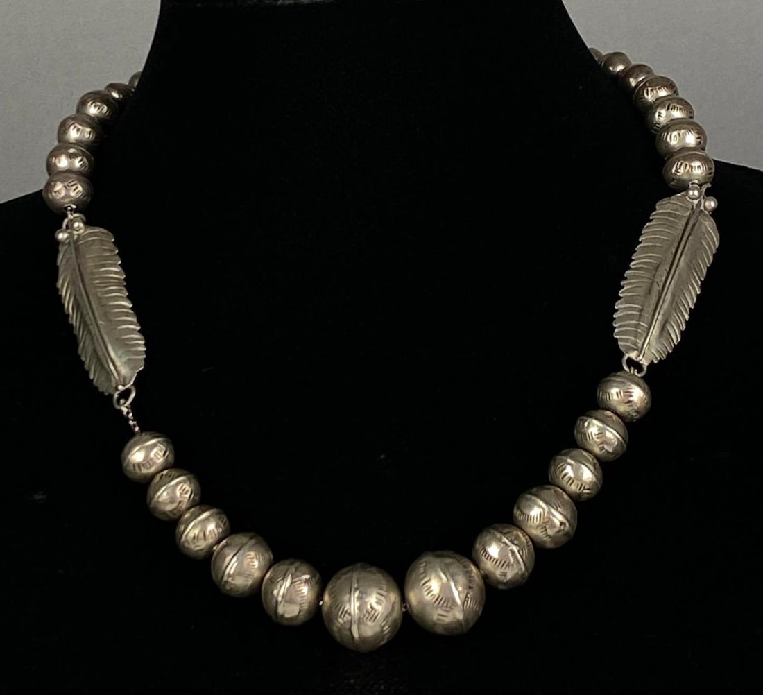 Sterling Silver Native American Feather Ball Necklace: measures 20 inches in length