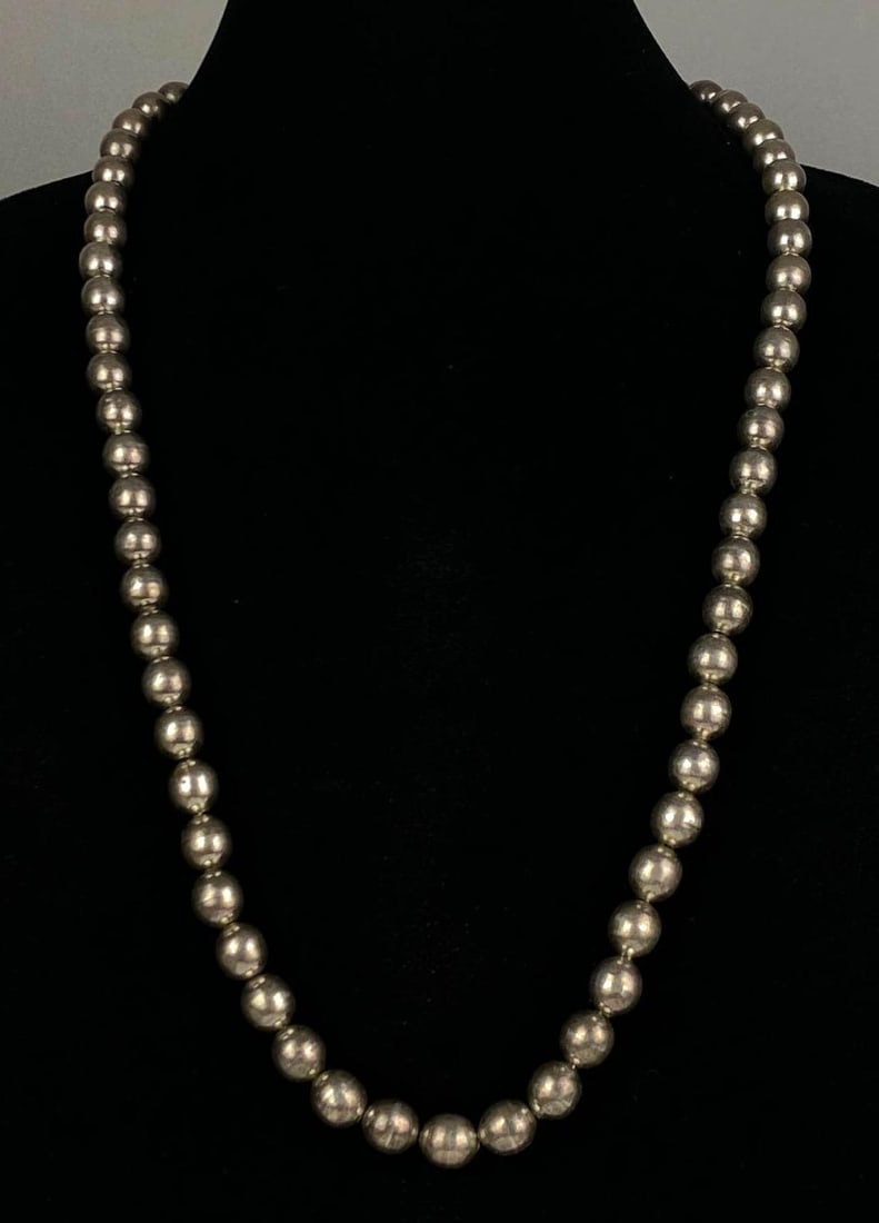 Mexican Sterling Silver Ball Necklace: Total weight of 107.7 grams, measures 30 inches in length