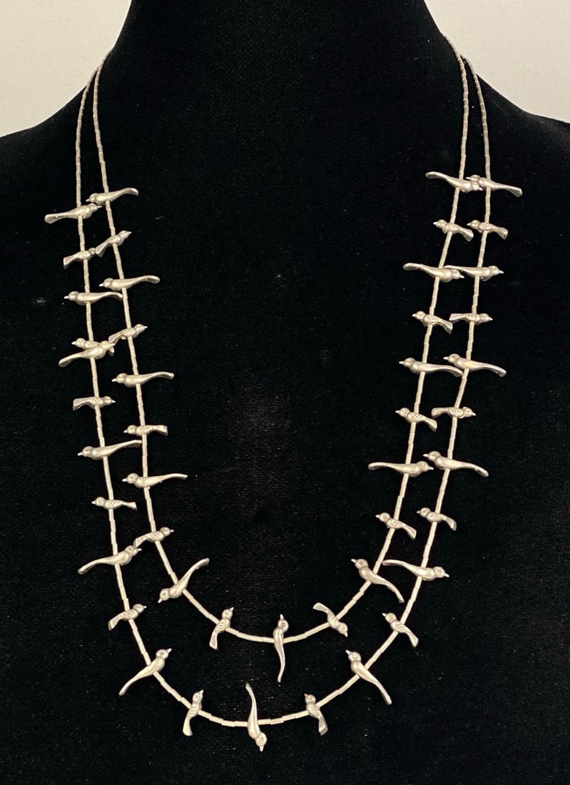 Sterling Silver Native American 2 Strand Bird Necklace: Measures 23 inches in length